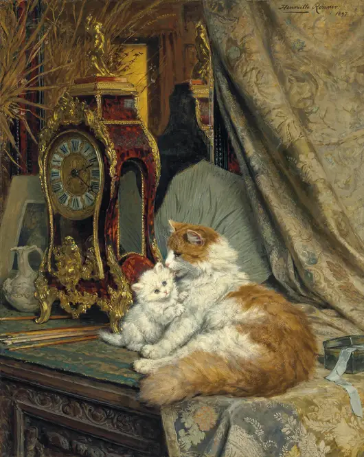 A Mother Cat and her Kitten with a Bracket Clock (1897) by Henriëtte Ronner-Knip